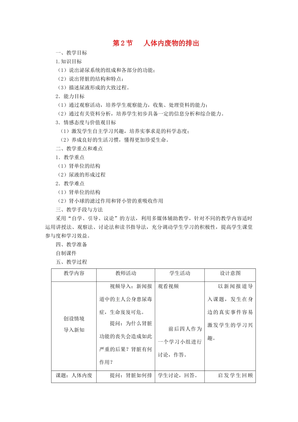 八年级生物上册 6.15.2《人体内废物的排出》教案 （新版）苏科版-（新版）苏科版初中八年级上册生物教案_第1页
