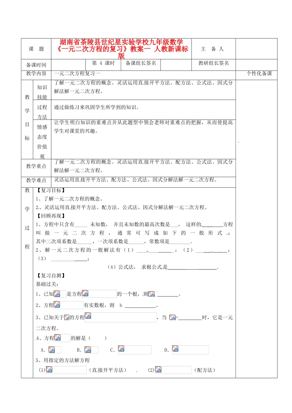 湖南省茶陵县世纪星实验学校九年级数学《一元二次方程的复习》教案一 人教新课标版_第1页