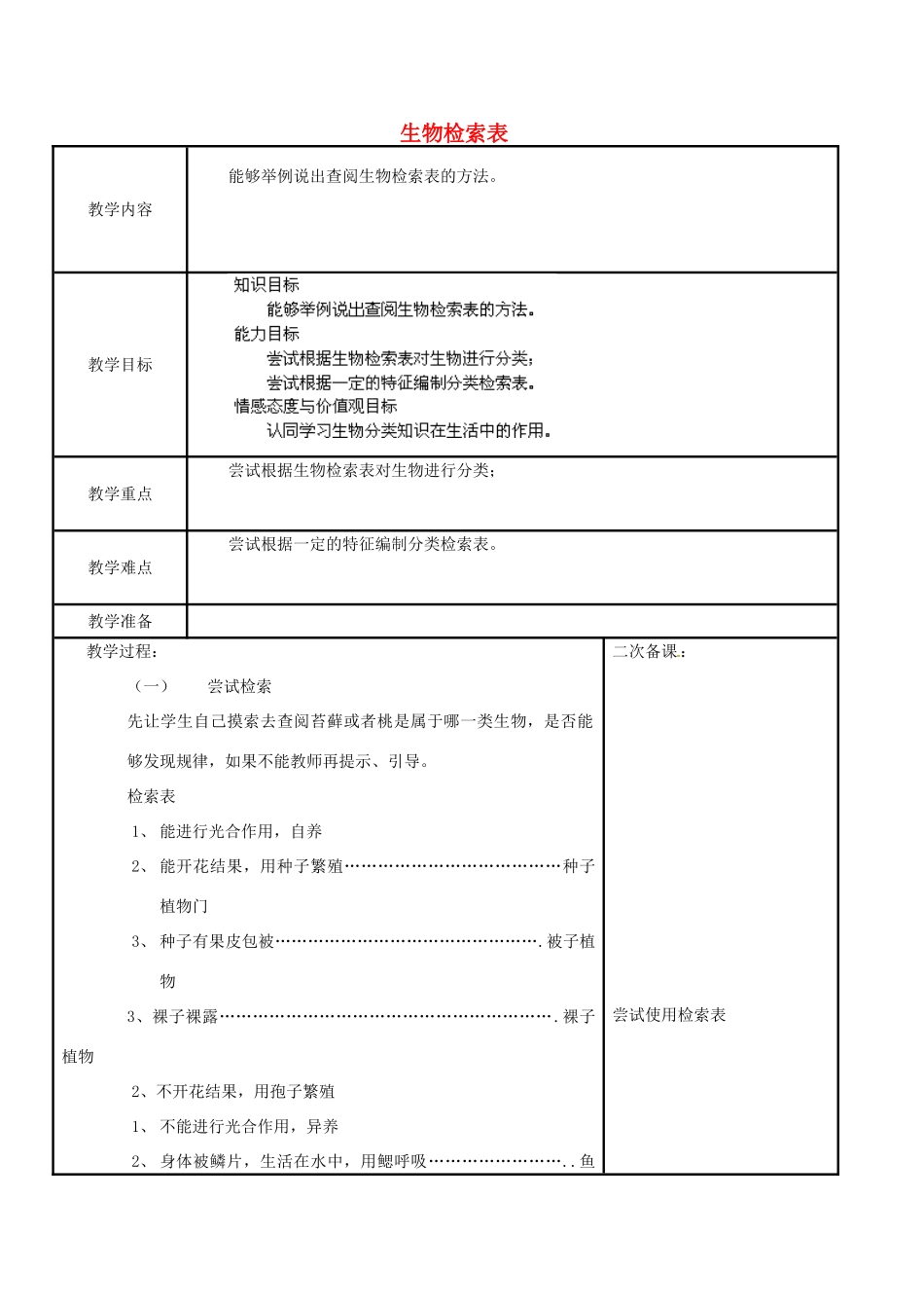 江苏省苏州市工业园区东沙湖学校七年级生物下册 第二节 生物检索表教案 苏科版_第1页