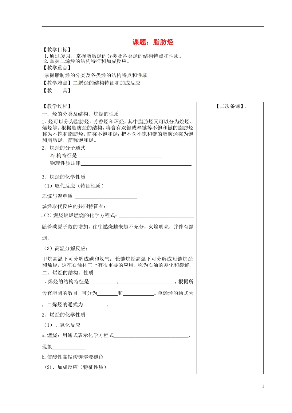 高中化学 脂肪烃教案 苏教版选修5-苏教版高二选修5化学教案_第1页