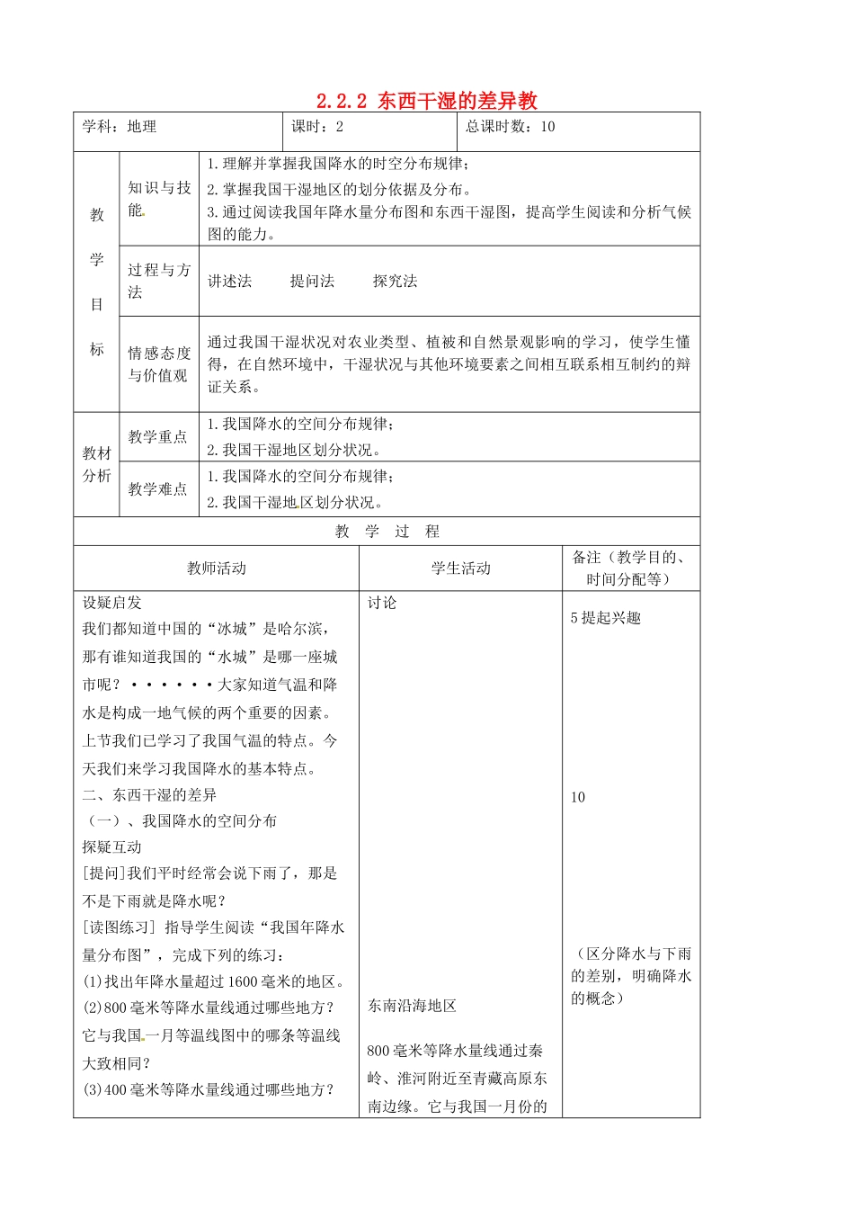 吉林省四平市第十七中学八年级地理上册 2.2.2 东西干湿的差异教案 新人教版_第1页