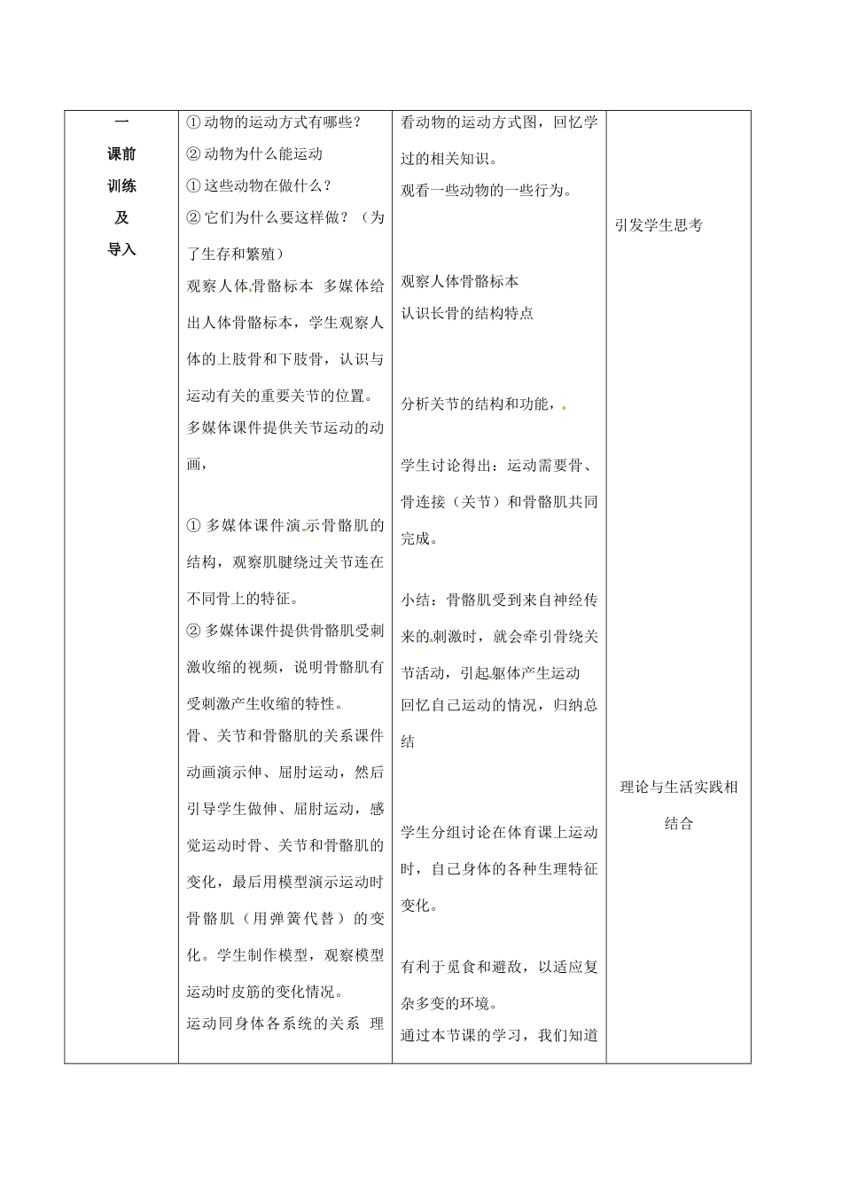 北京市豆各庄中学八年级生物上册 5.2.1 动物的运动教案 新人教版_第3页