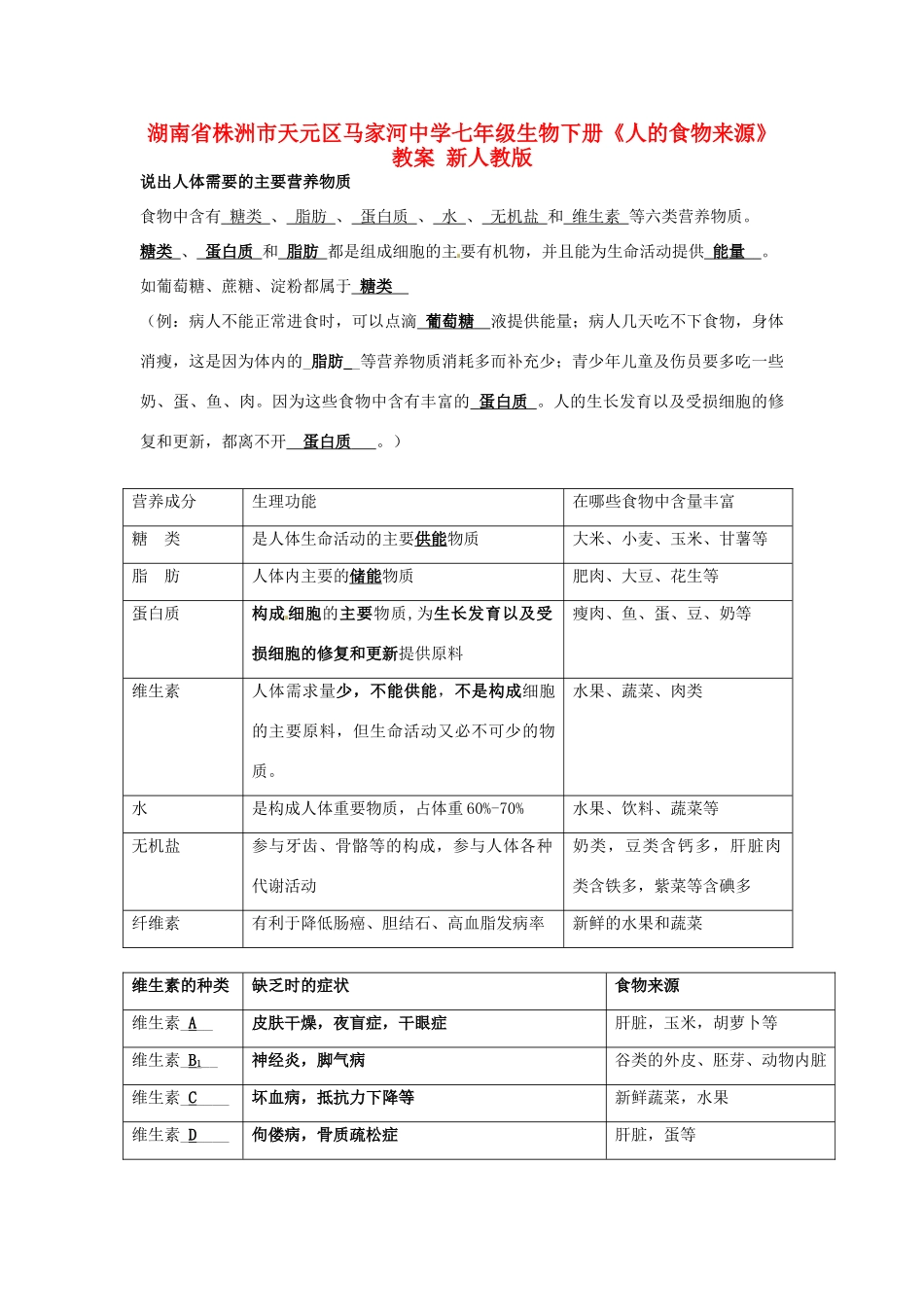 湖南省株洲市天元区马家河中学七年级生物下册《人的食物来源》教案 新人教版_第1页