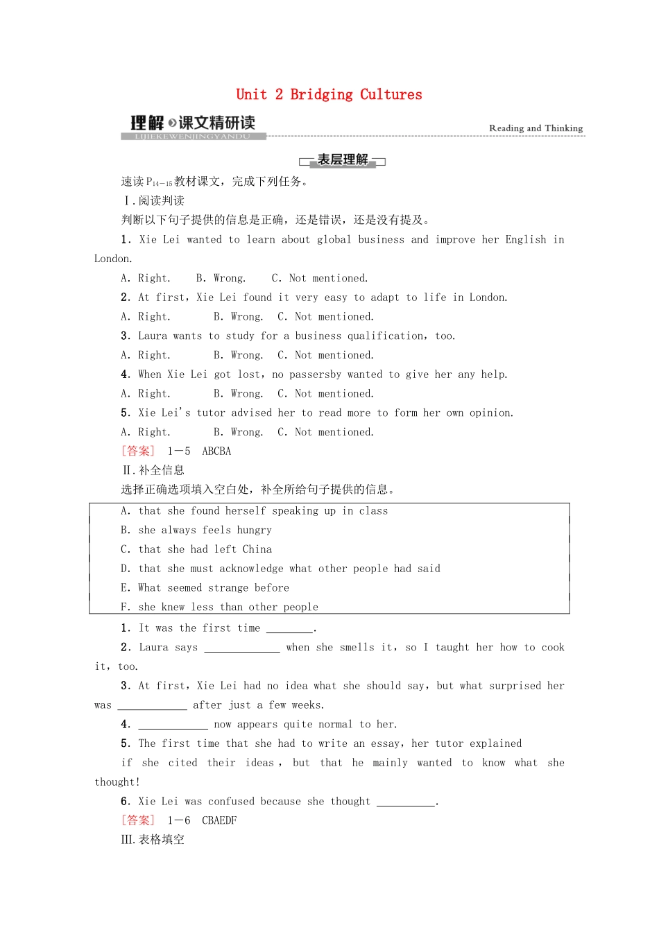 高中英语 Unit 2 Bridging Cultures理解 课文精研读教师用书 新人教版选择性必修第二册-新人教版高二选择性必修第二册英语教案_第1页