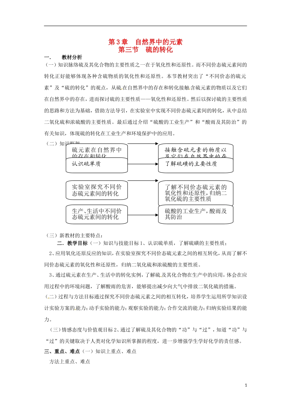 高中化学 3.3.1《自然界中的硫》教学设计 鲁科版必修1_第1页