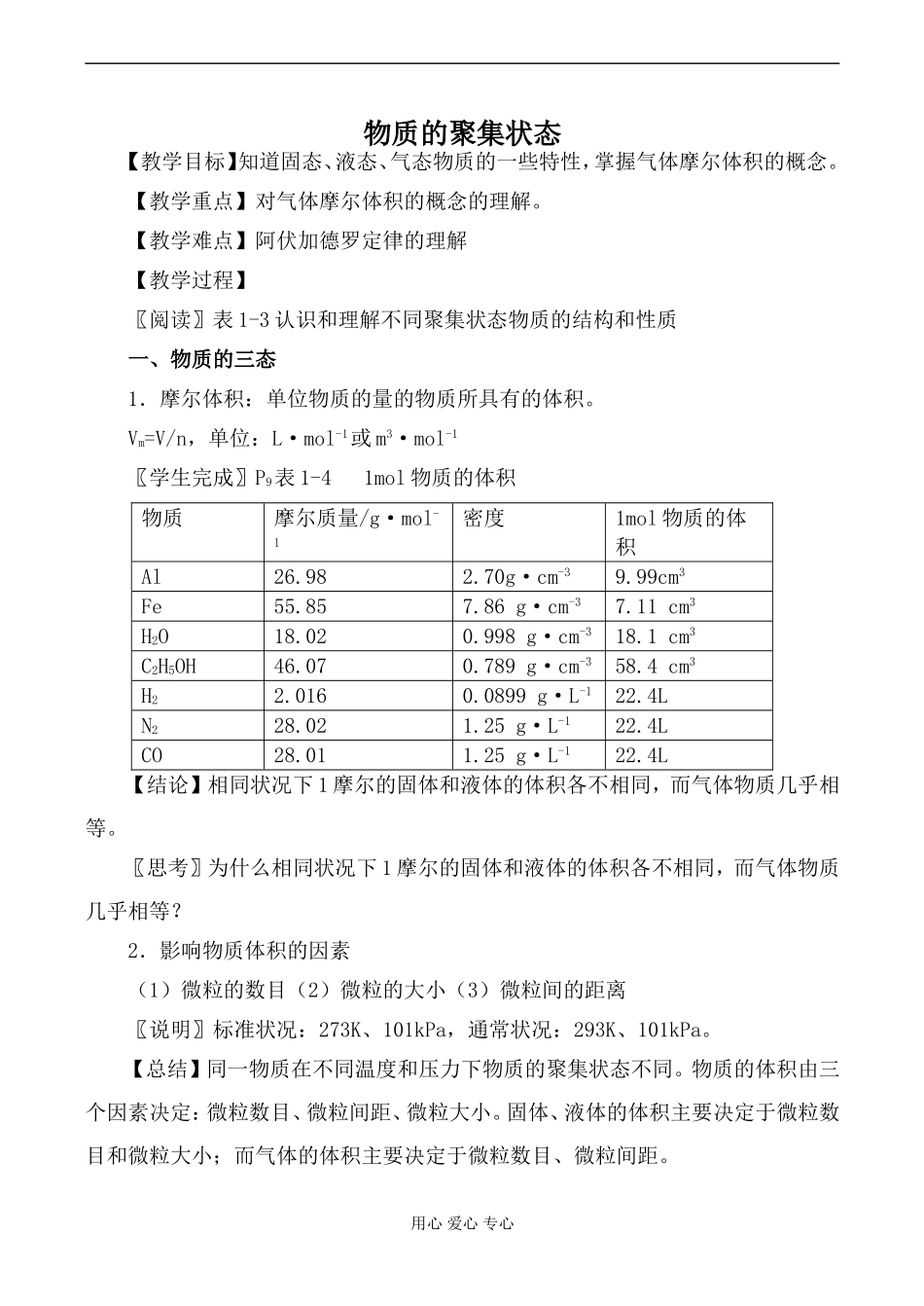 高中化学苏教版必修1物质的聚集状态教案_第1页