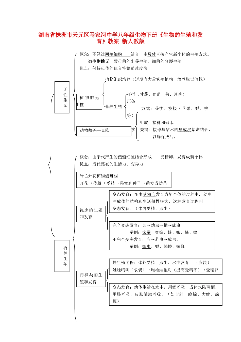 湖南省株洲市天元区马家河中学八年级生物下册《生物的生殖和发育》教案 新人教版_第1页