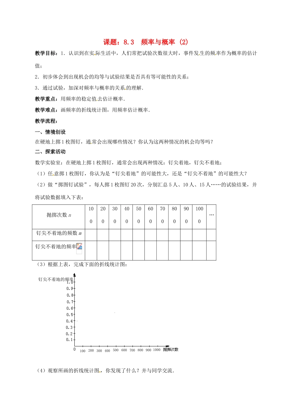 江苏省淮安市洪泽县黄集镇八年级数学下册 第8章 认识概率 8.3 频率与概率（2）教案 （新版）苏科版-（新版）苏科版初中八年级下册数学教案_第1页