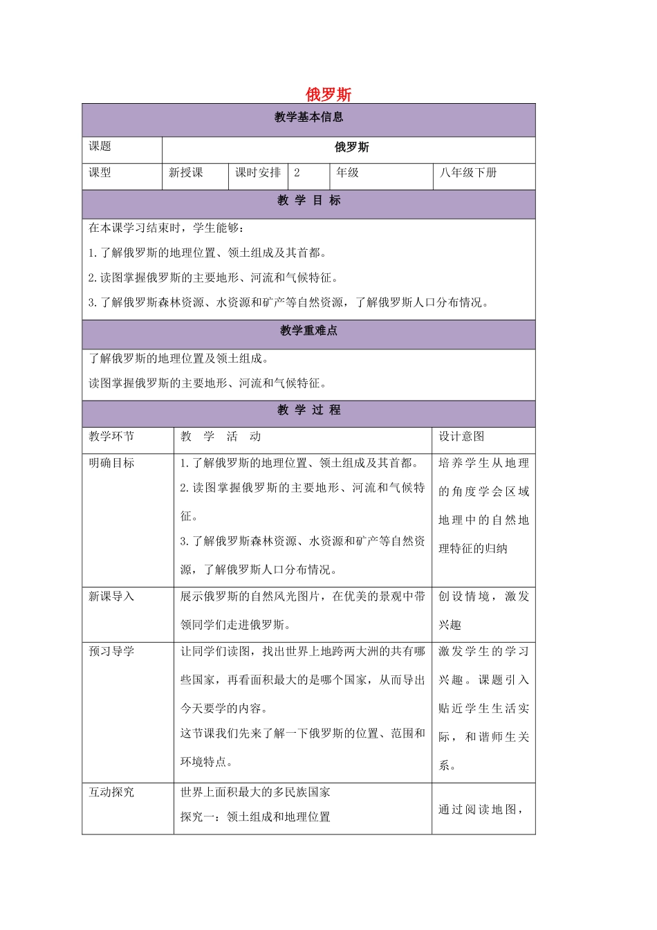 八年级地理下册 7.5俄罗斯教案1 中图版-中图版初中八年级下册地理教案_第1页