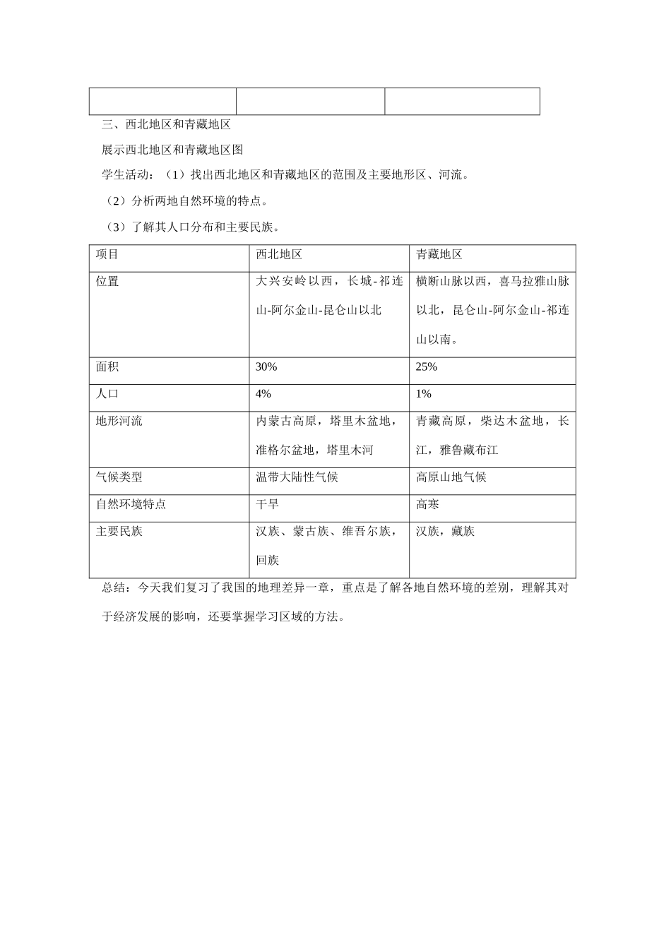 八年级地理下：第五章我国的八年级地理下差异复习教案商务星球版_第3页