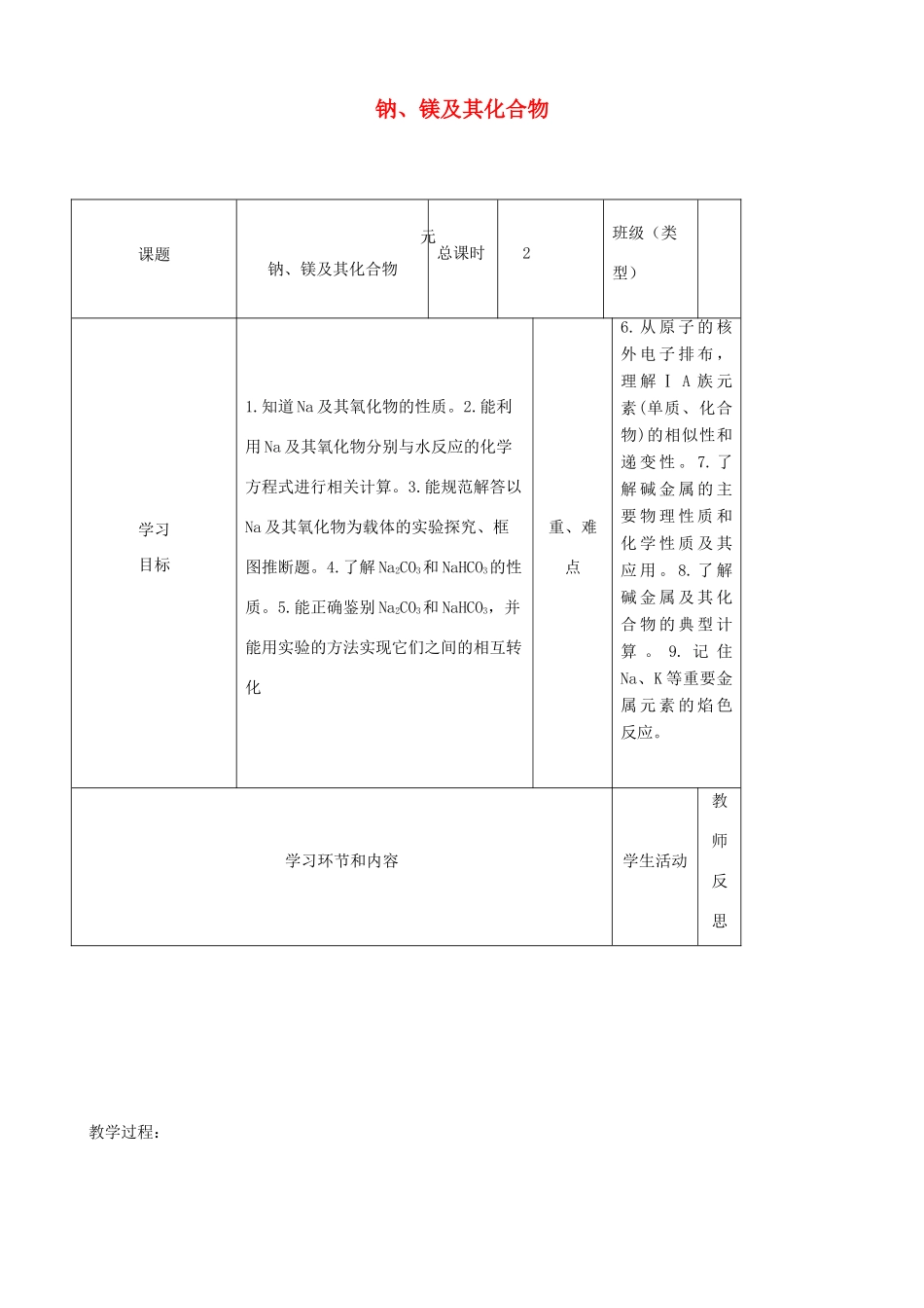 高中化学上学期第四周 钠、镁及其化合物教学设计-人教版高中全册化学教案_第1页