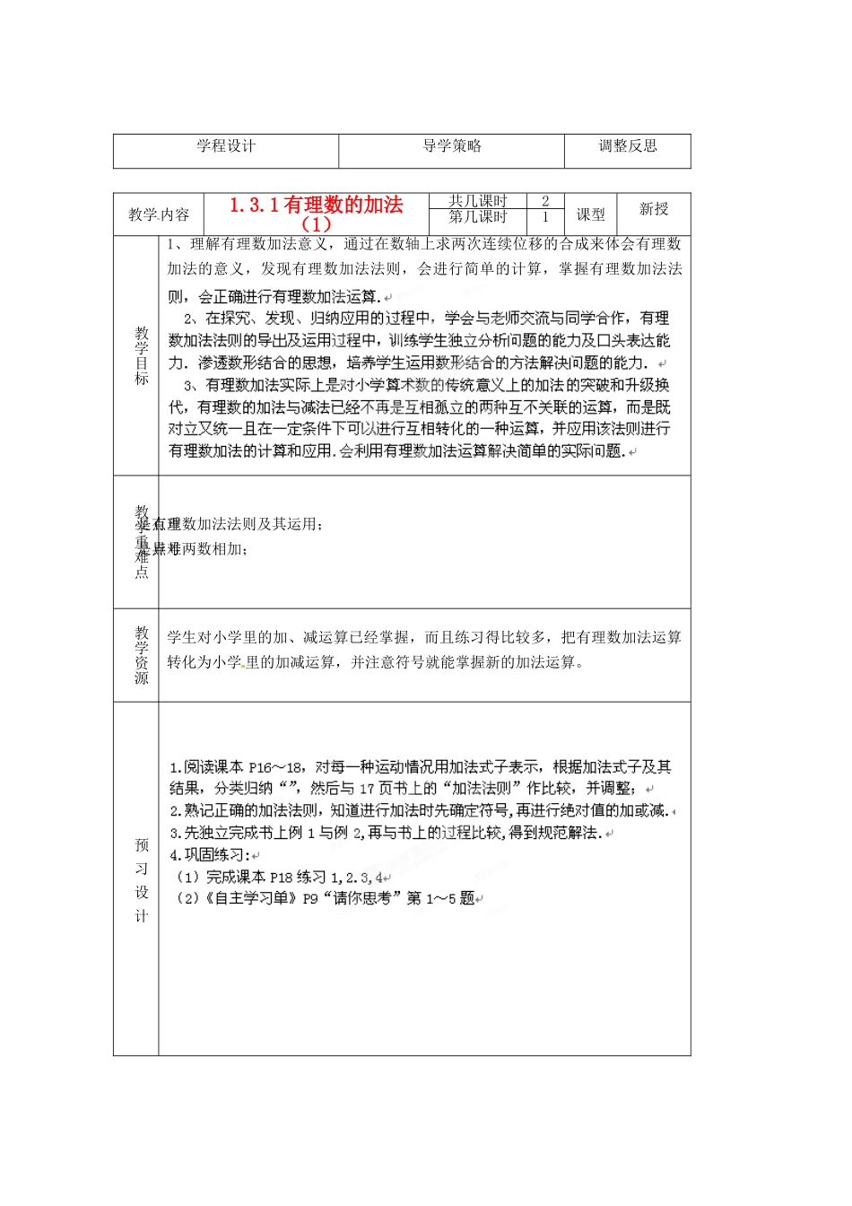 江苏省海门市七年级数学《13.1有理数的加法》教案 苏科版_第1页