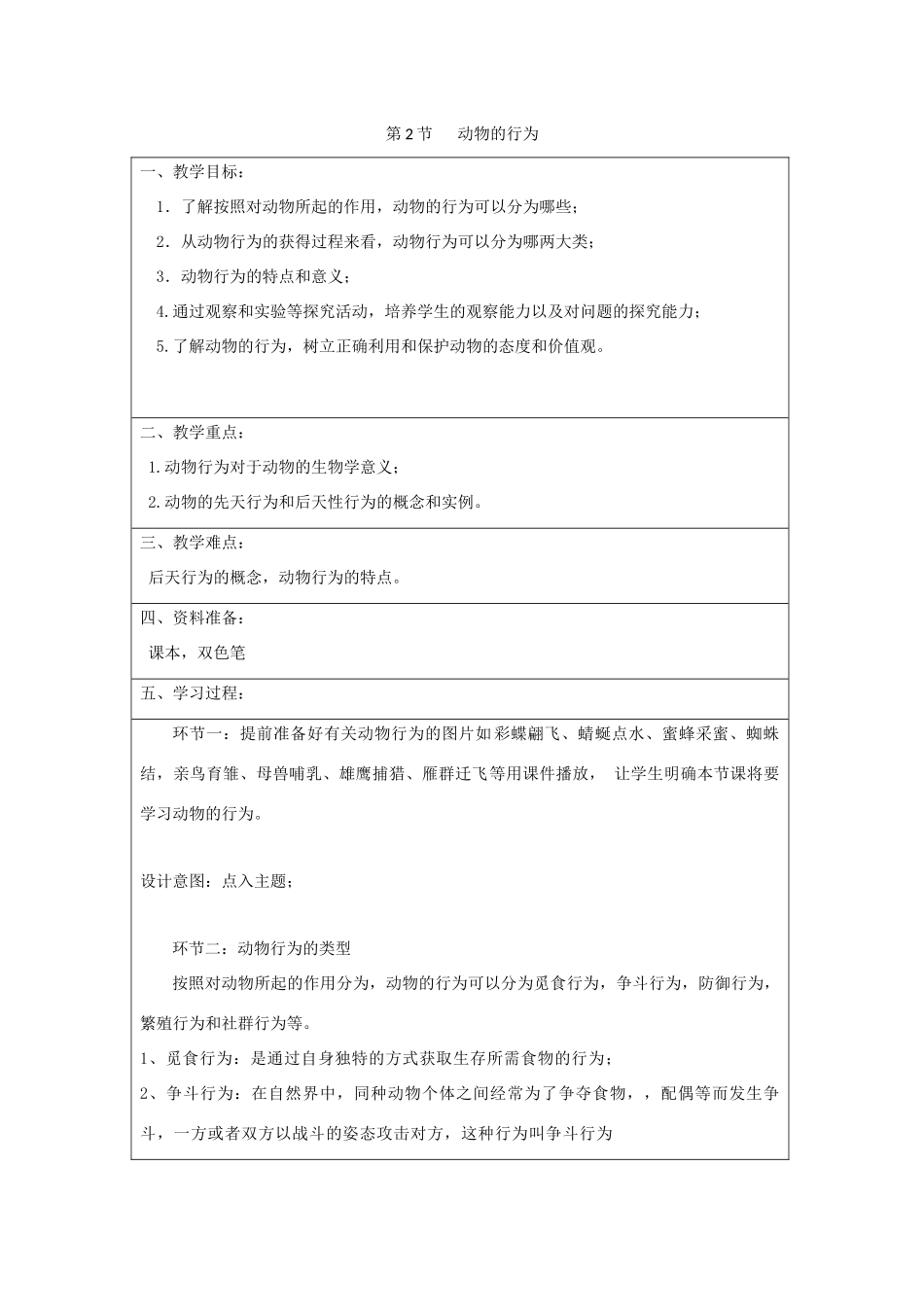 八年级生物上册 6.17.2《动物的行为》教案1 （新版）苏科版-（新版）苏科版初中八年级上册生物教案_第1页