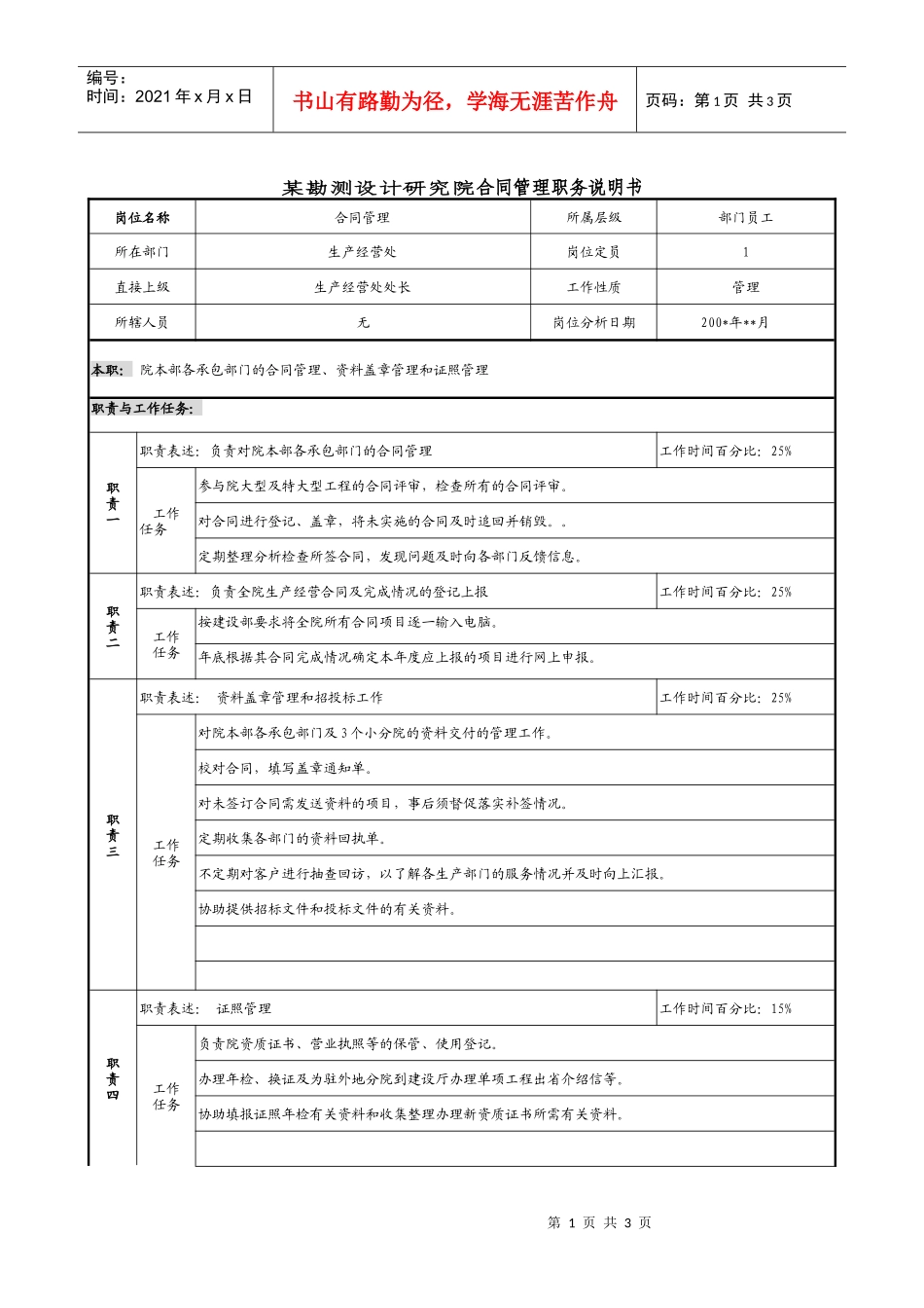 某勘测设计研究院合同管理职务说明书_第1页