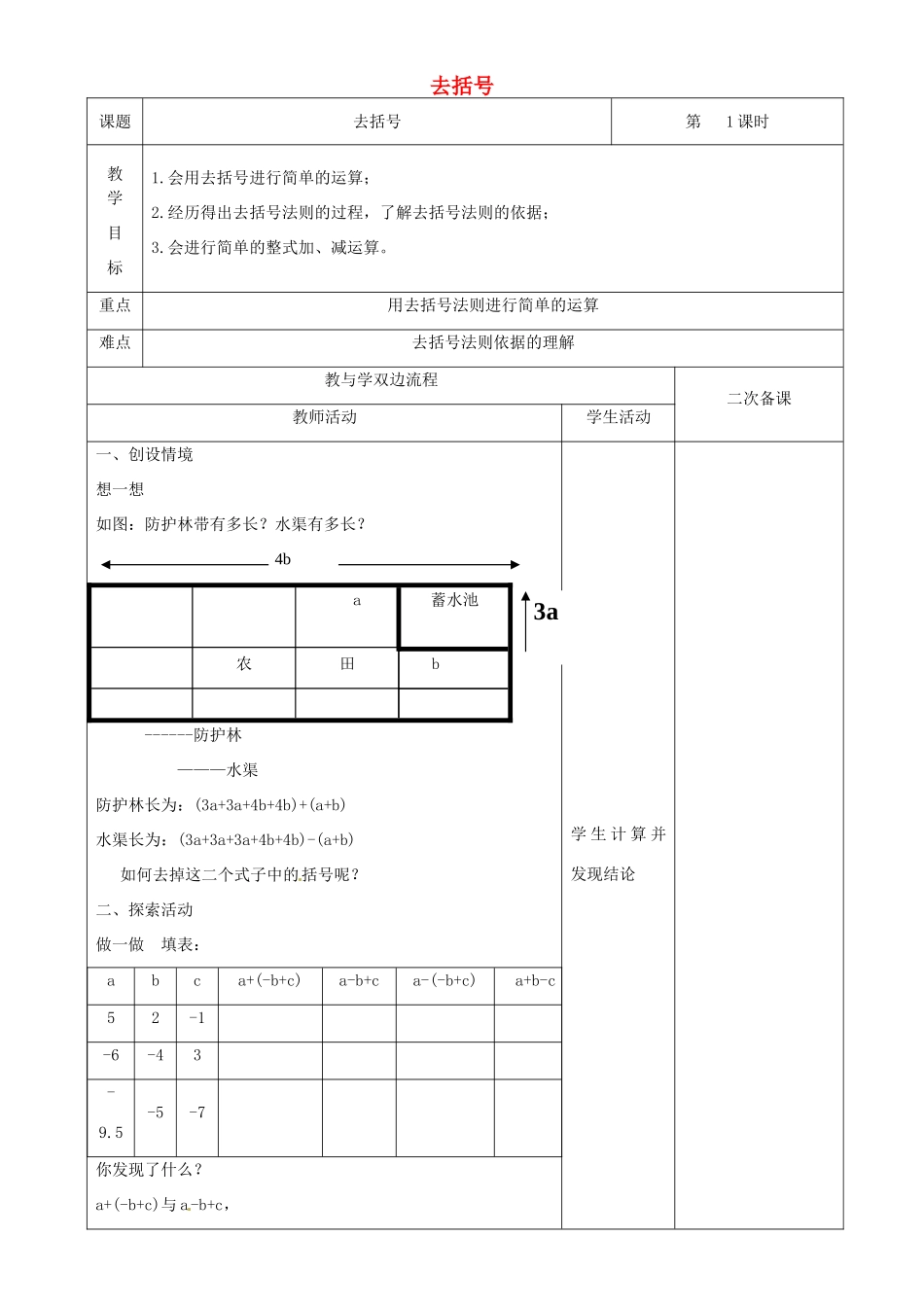 江苏省常州市潞城中学七年级数学上册 去括号教案 （新版）苏科版_第1页