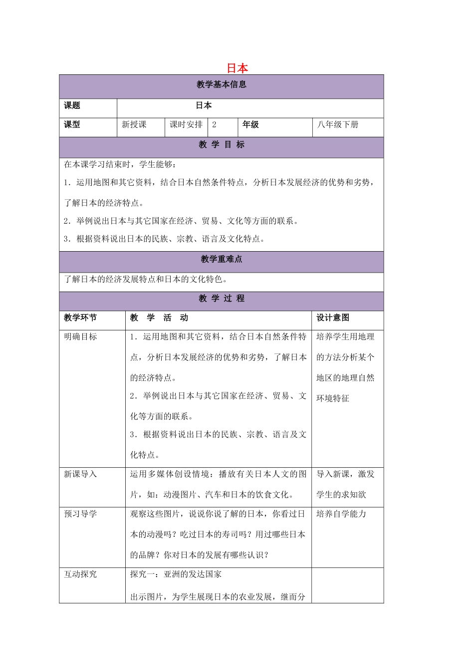 八年级地理下册 7.1 日本教案2 中图版-中图版初中八年级下册地理教案_第1页