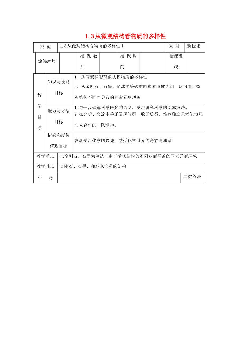 高中化学 专题1 微观结构与物质的多样性 1.3.1 从微观结构看物质的多样性教案2 苏教版必修2-苏教版高一必修2化学教案_第1页