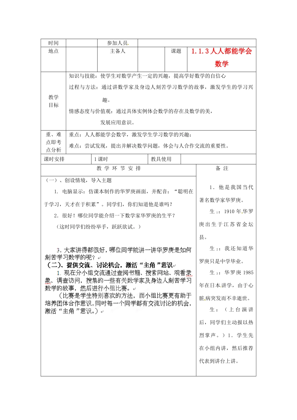 河南省洛阳市下峪镇初级中学七年级数学 人人都能学会数学教案_第1页