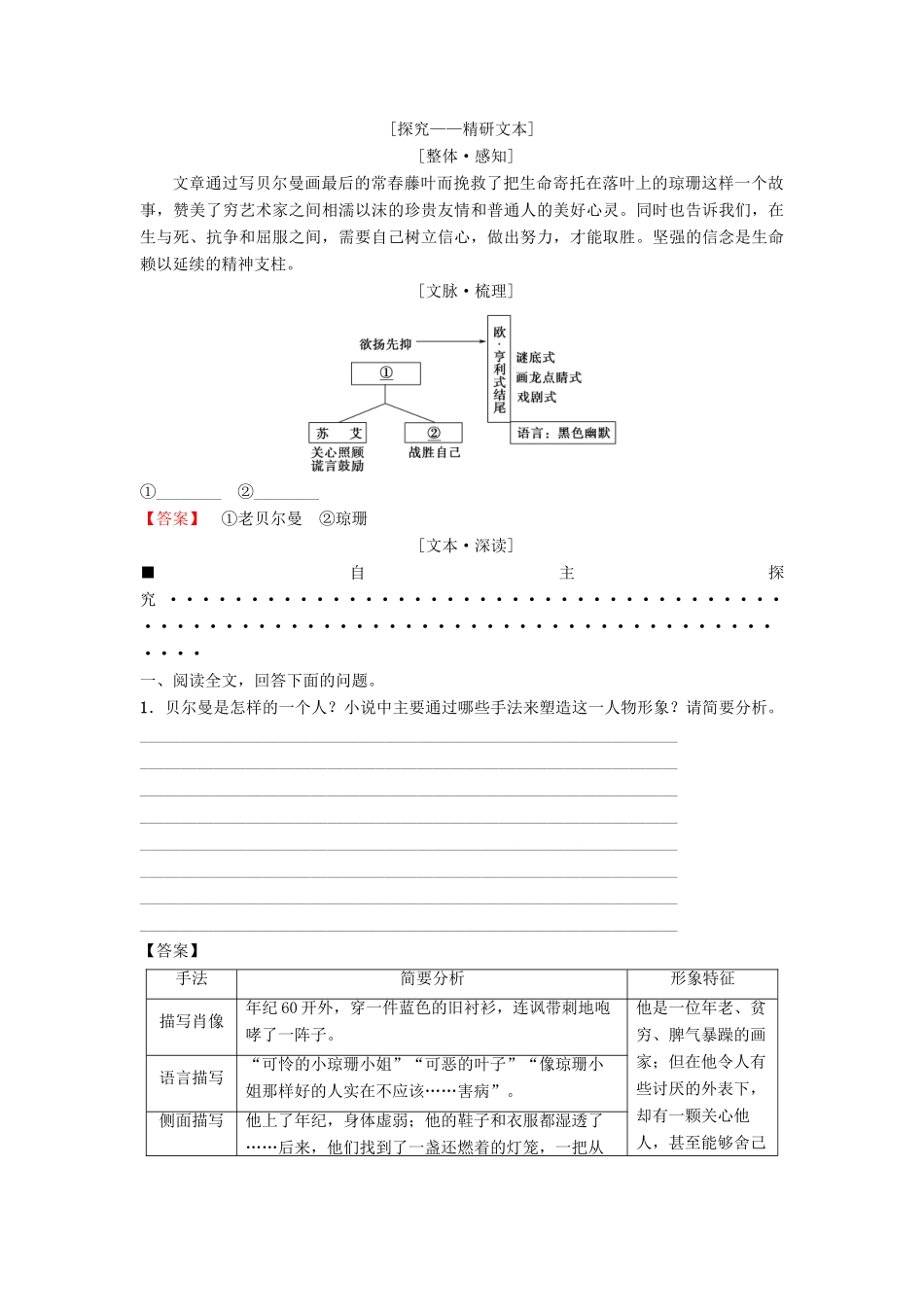 高中语文 第2单元 生命的赞歌 5 最后的常春藤叶教师用书 鲁人版必修3-鲁人版高一必修3语文教案_第3页