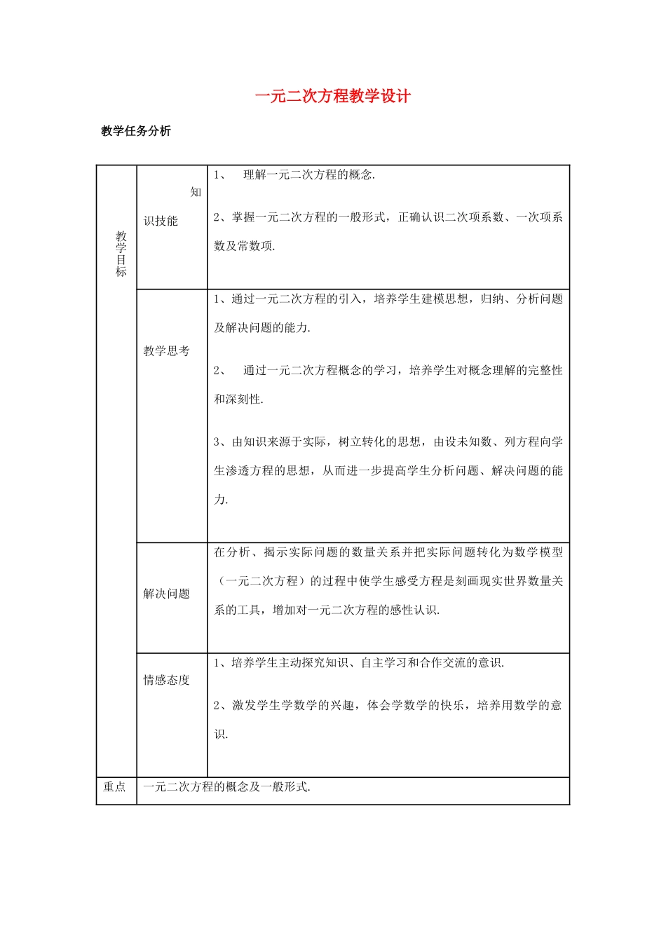九年级数学 一元二次方程教学设计 新人教版_第1页