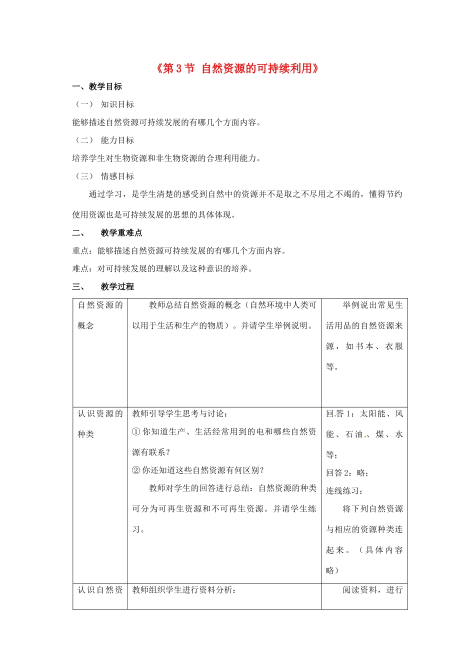八年级生物下册 第9单元 保护人类与其他生物的公同家园 第26章 第3节《自然资源的可持续利用》教学设计 （新版）苏科版-（新版）苏科版初中八年级下册生物教案_第1页