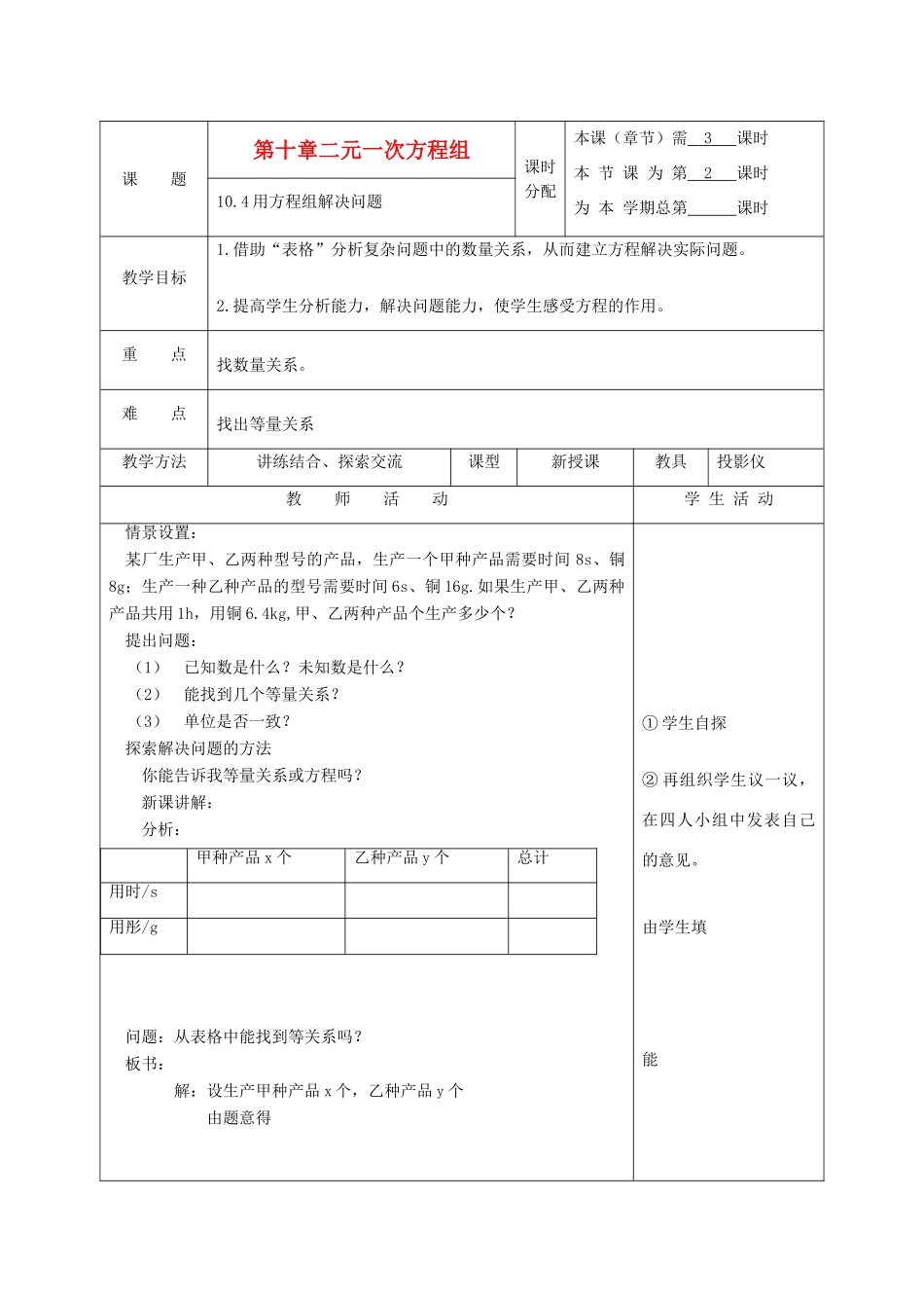 江苏省淮安市开明中学七年级数学下册 10.4《用方程组解决问题》教案2 苏科版_第1页