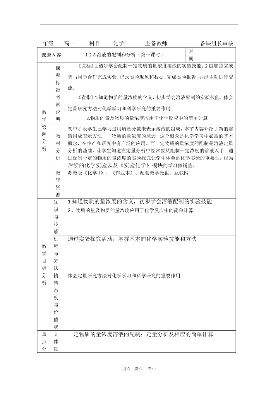 高中化学：1.2.3《溶液的配制及分析1》教案（苏教版必修1）_第1页