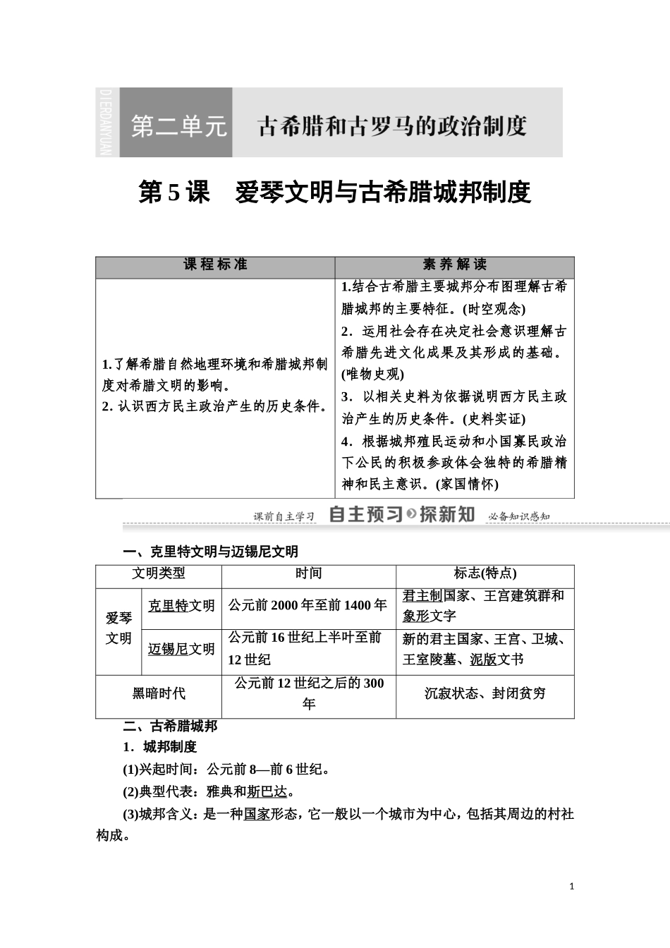 高中历史 第2单元 古希腊和古罗马的政治制度 第5课 爱琴文明与古希腊城邦制度教师用书 岳麓版必修1-岳麓版高一必修1历史教案_第1页