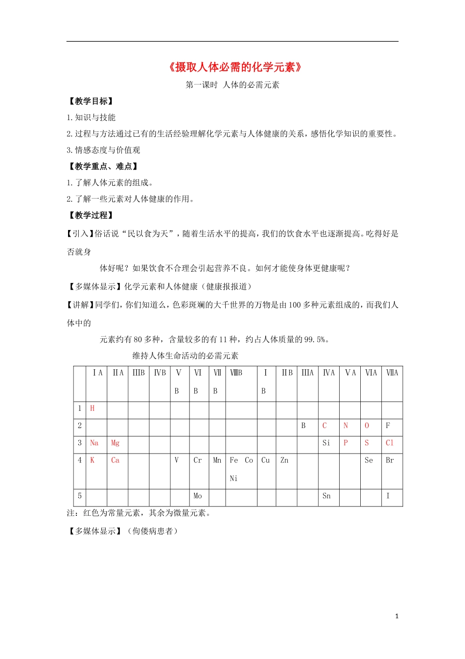 高中化学 2.1 摄取人体必需的化学元素教案 苏教版选修1-苏教版高中选修1化学教案_第1页