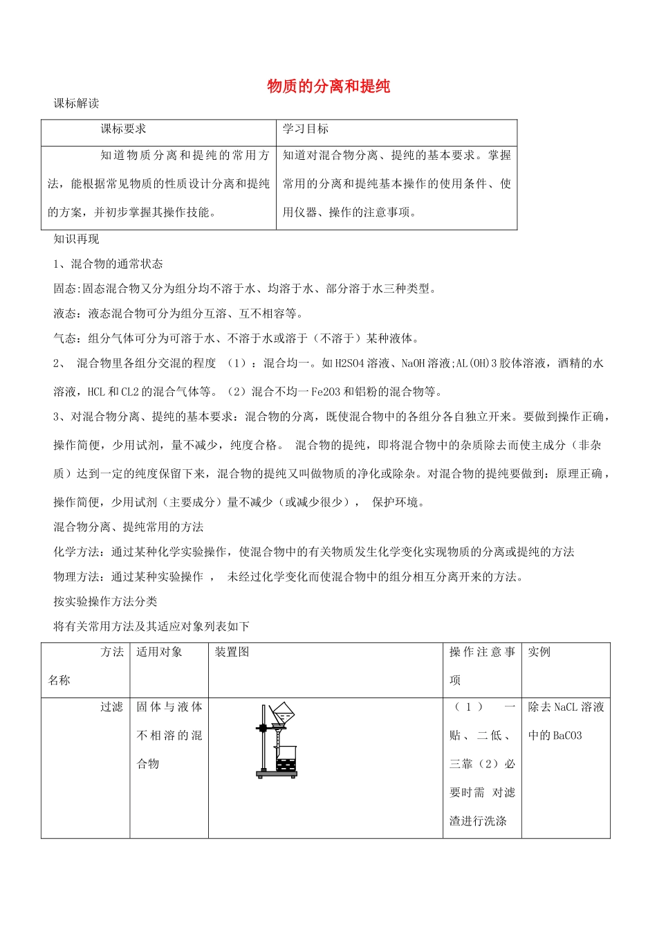 高中化学 第二单元 物质的获取 2.1 物质的分离和提纯教案 新人教版选修6-新人教版高二选修6化学教案_第1页