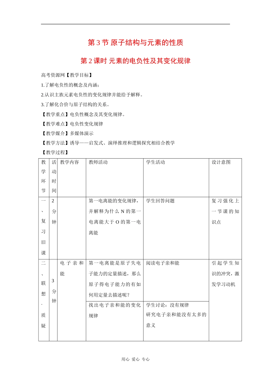 高中化学：1.3.2 元素的电负性及其变化规律 教案 鲁科版选修4 _第1页