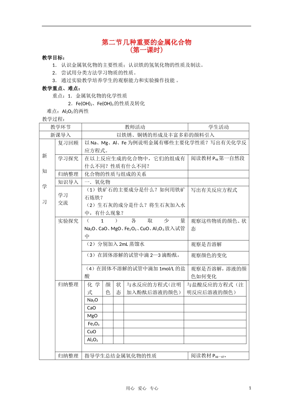 高中化学 《几种重要的金属化合物》教案+随堂练习 新人教版必修1_第1页
