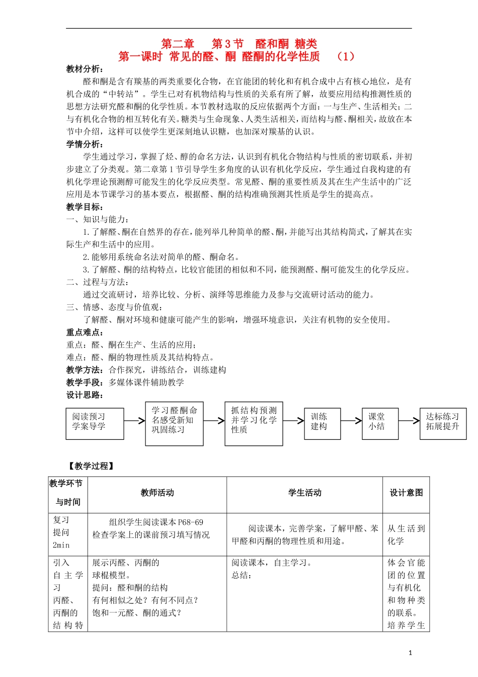 高中化学 第二章 官能团与有机化学反应 烃的衍生物 第三节 醛和酮 糖类（第1课时）常见的醛酮 醛酮的化学性质教案 鲁科版选修5-鲁科版高二选修5化学教案_第1页