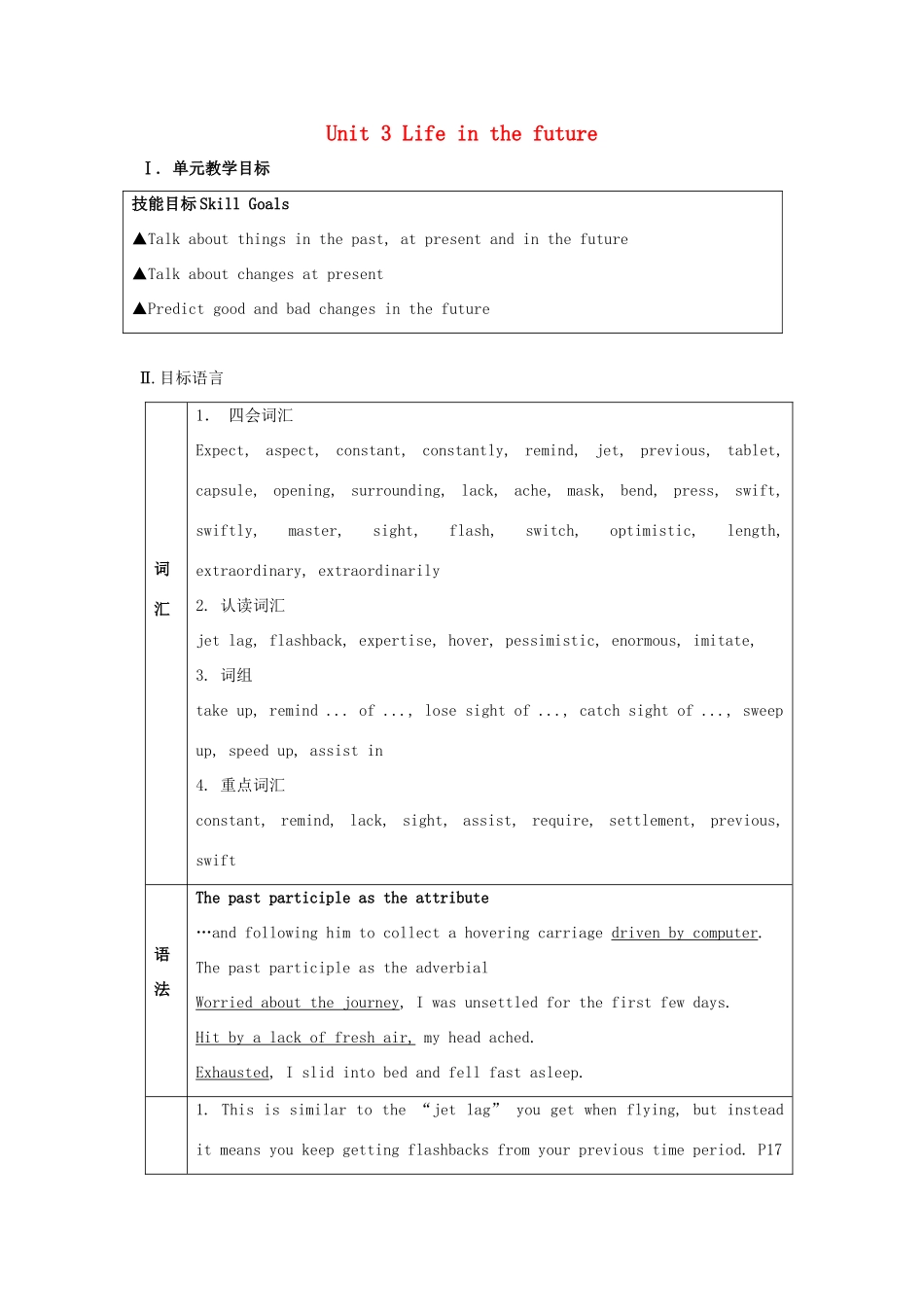高中英语 Unit3 Life in the future单元教案 新人教版必修5-新人教版高二必修5英语教案_第1页
