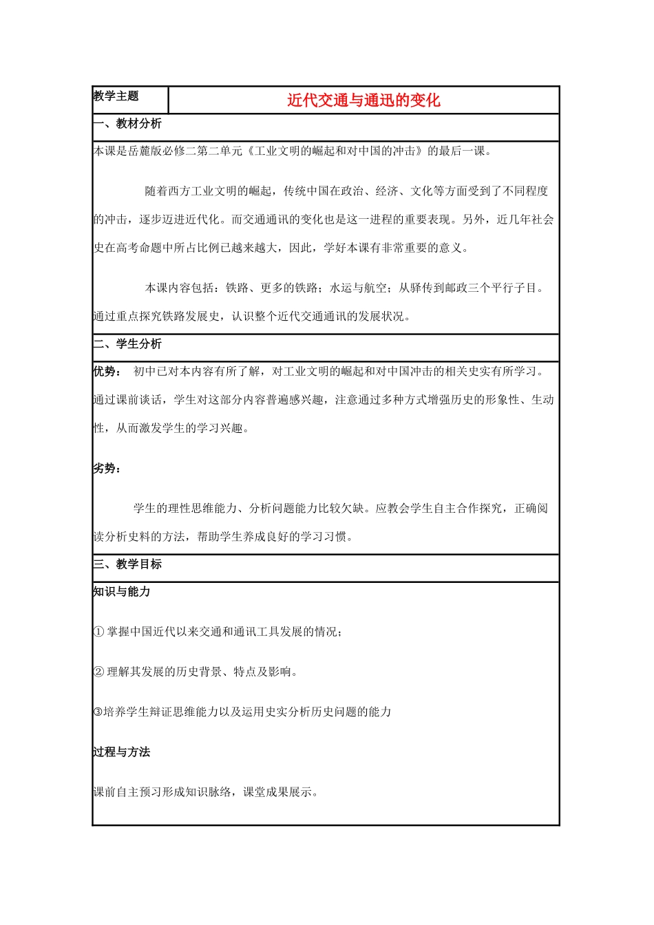 高中历史 第13课 交通与通讯的变化教案1 岳麓版必修2-岳麓版高一必修2历史教案_第1页