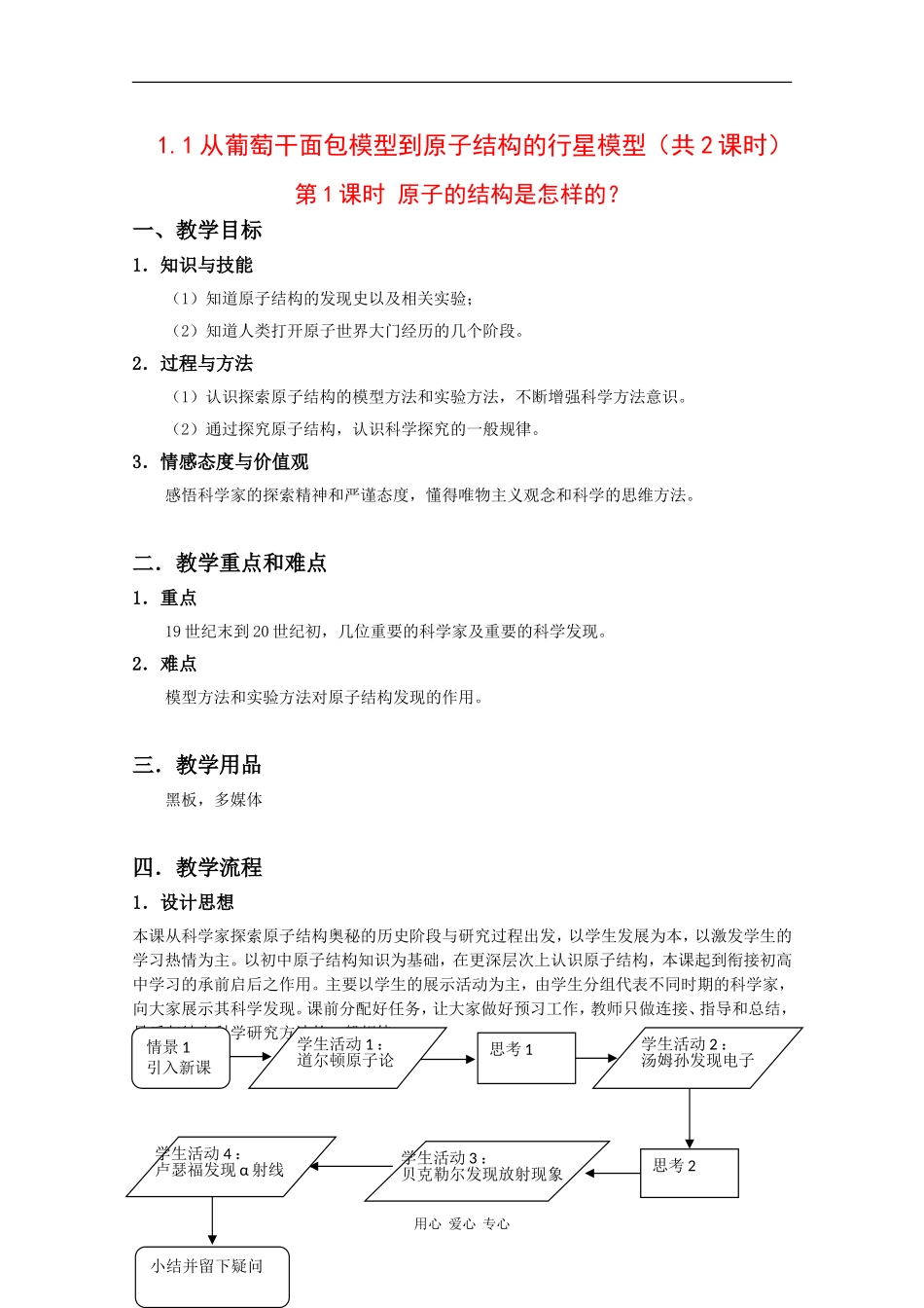 高中化学：1.1 从葡萄干面包模型到原子结构的行星模型 教案（第1课时） 沪科版_第1页