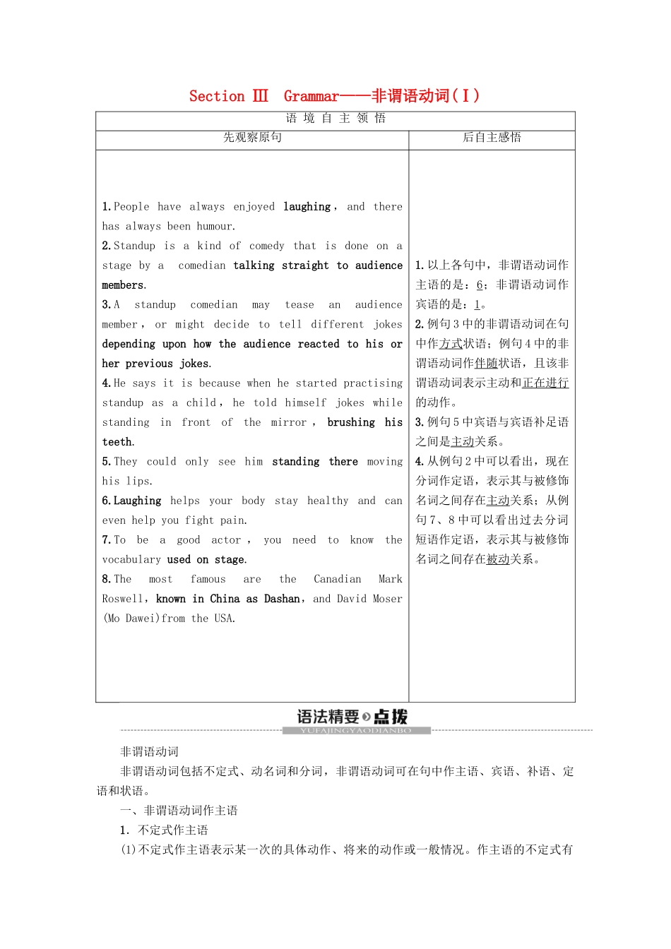 高中英语 Unit 1 Laughter is good for you Section Ⅲ Grammar——非谓语动词（Ⅰ）教案（含解析）牛津译林版选修6-牛津版高二选修6英语教案_第1页