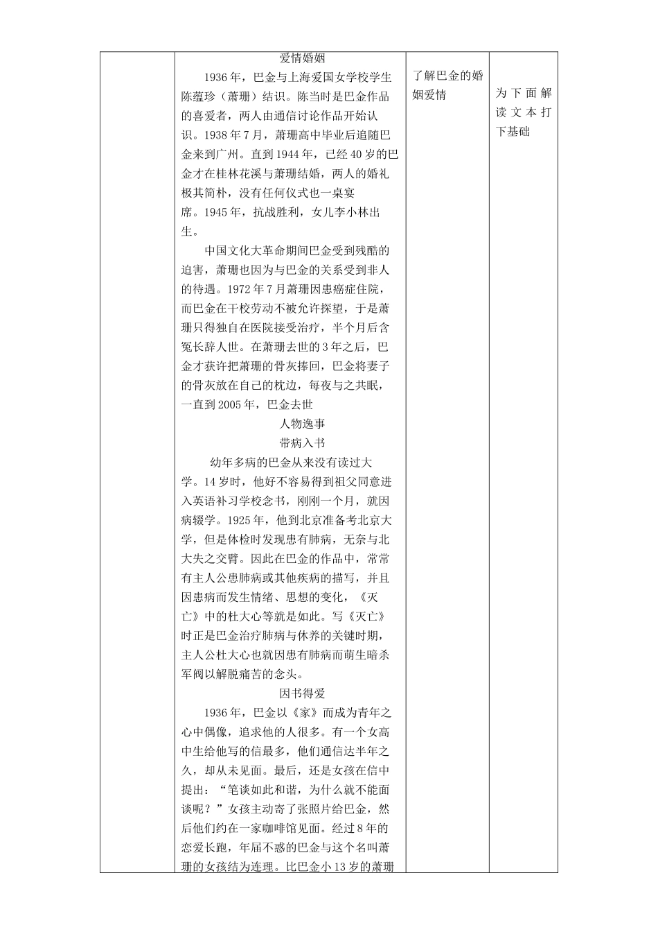 高中语文 第03单元 延伸阅读-走近巴金（第01课时）教学设计 新人教版必修1-新人教版高一必修1语文教案_第2页