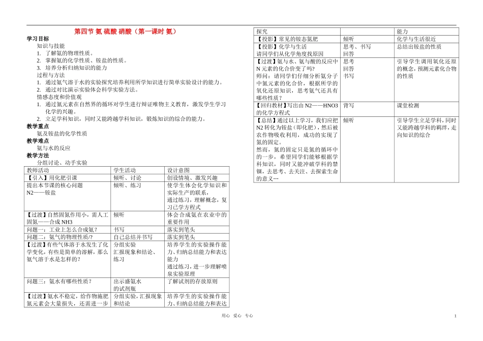 高中化学 第四节 氨 硫酸 硝酸教案 新人教版必修1_第1页