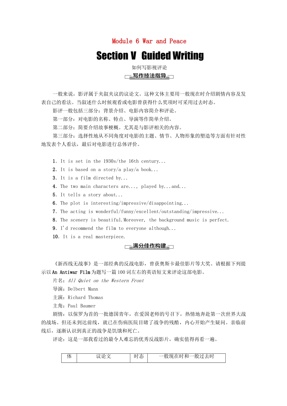 高中英语 Module 6 War and Peace Section Ⅴ Guided Writing（教师用书）教案 外研版选修6-外研版高二选修6英语教案_第1页