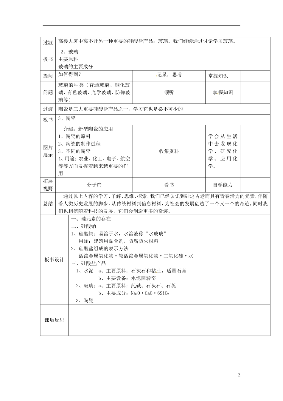 高中化学 3.3.1硅酸盐矿物与硅酸盐产品教案 苏教版必修1-苏教版高一必修1化学教案_第2页