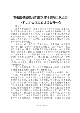 市委副书记在共青团XX市十四届二次全委（扩大）会议上的讲话心得体会