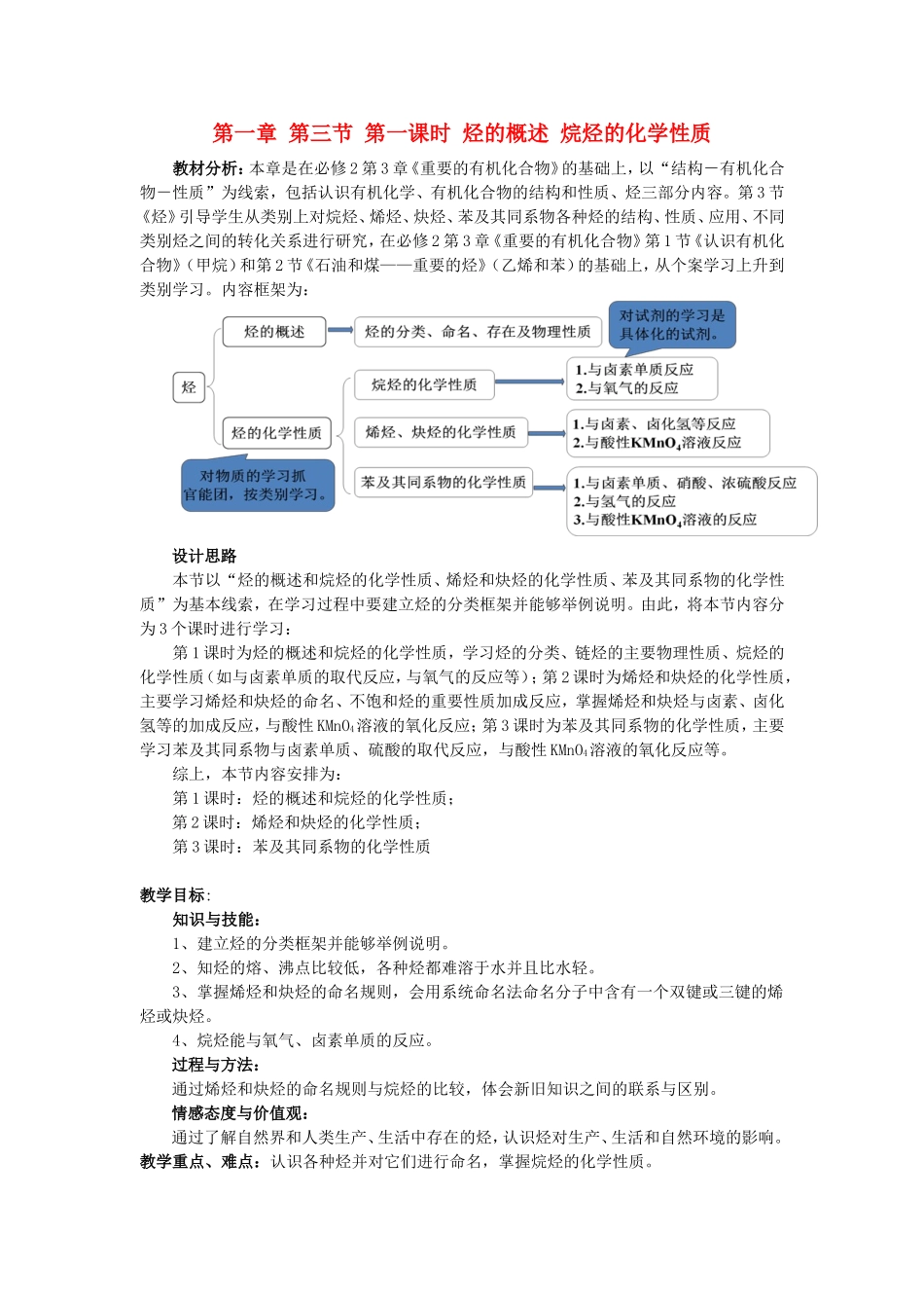 高中化学 第1章 第3节 烃 第1课时 烃的概述 烷烃的化学性质教案 鲁科版选修5-鲁科版高二选修5化学教案_第1页