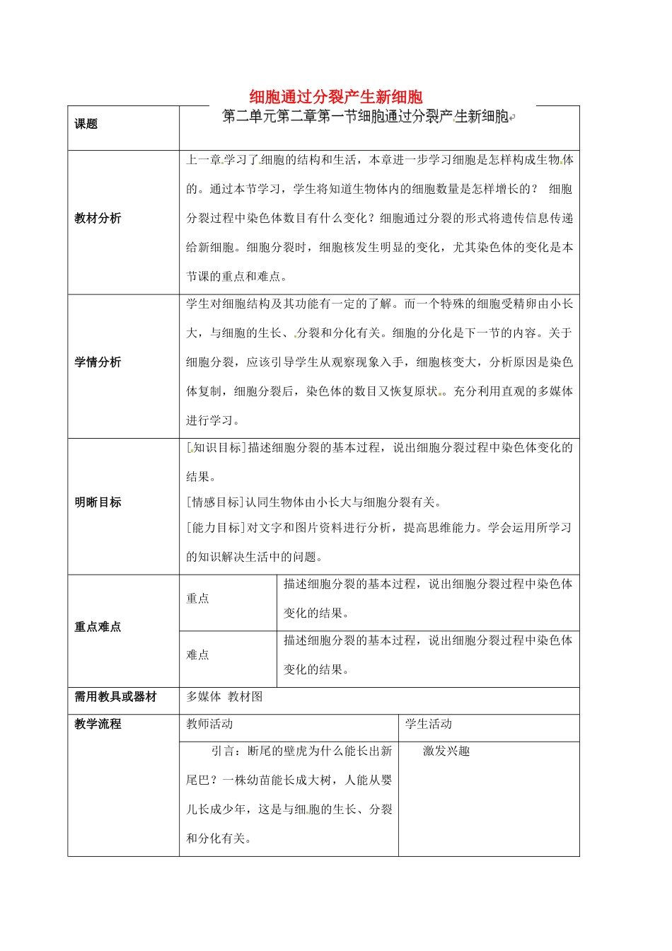 云南省师范大学五华区实验中学七年级生物上册 2.2.1 细胞通过分裂产生新细胞教学设计 （新版）新人教版_第1页