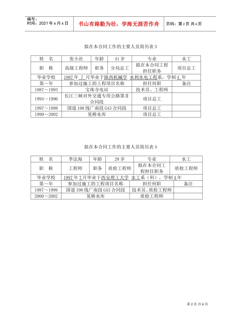 表8拟投入本合同的主要技术及管理人员简介(DOC6页)_第2页