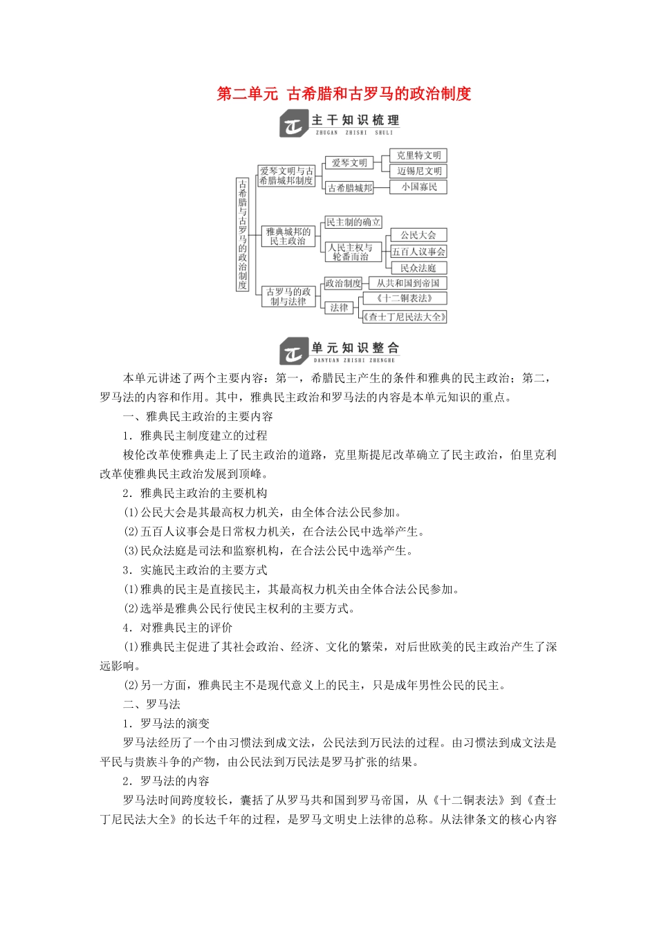 高中历史 第二单元 古希腊和古罗马的政治制度单元小结与测评讲义（含解析）岳麓版必修1-岳麓版高一必修1历史教案_第1页