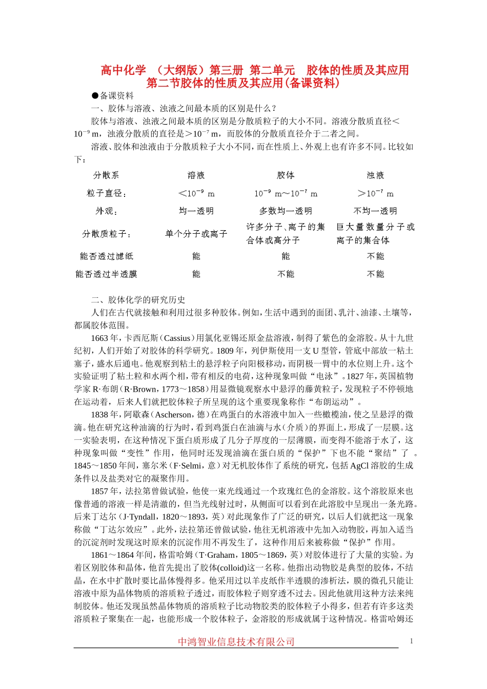 高中化学 （大纲版）第三册 第二单元  胶体的性质及其应用 第二节胶体的性质及其应用(备课资料)_第1页