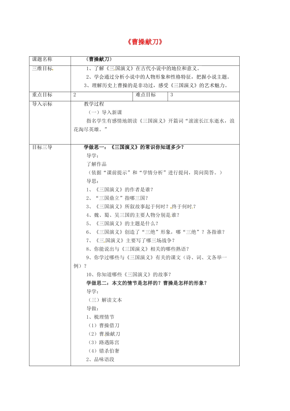 高中语文 1.1曹操献刀 教案 新人教版选修《中国小说欣赏》-新人教版高二《中国小说欣赏》语文教案_第1页