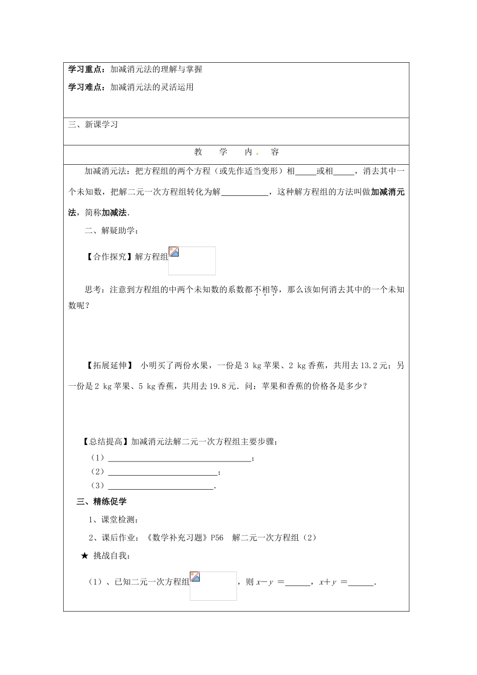 宿迁市宿豫区陆集初级中学八年级数学上册《104解方程组》教案 苏科版_第2页
