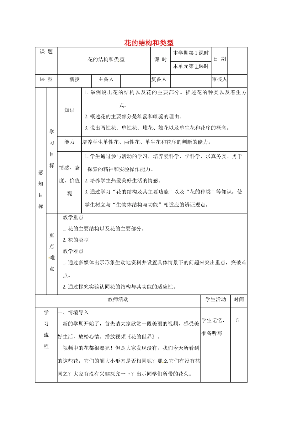 山东省邹平县八年级生物上册 4.1绿色开花植物的一生教案 （新版）济南版-（新版）济南版初中八年级上册生物教案_第1页